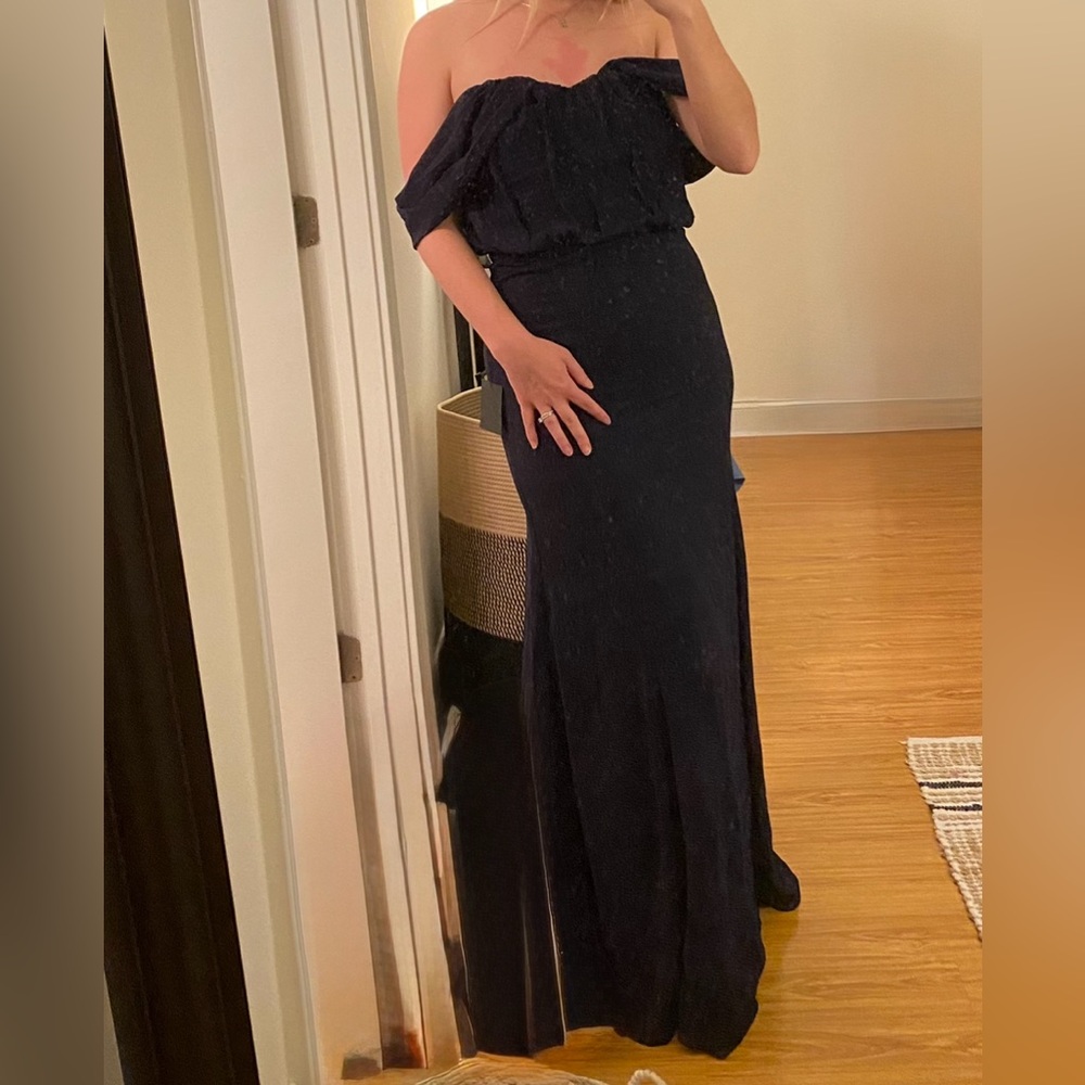 Lulu's Elegant Navy Off-Shoulder Dress